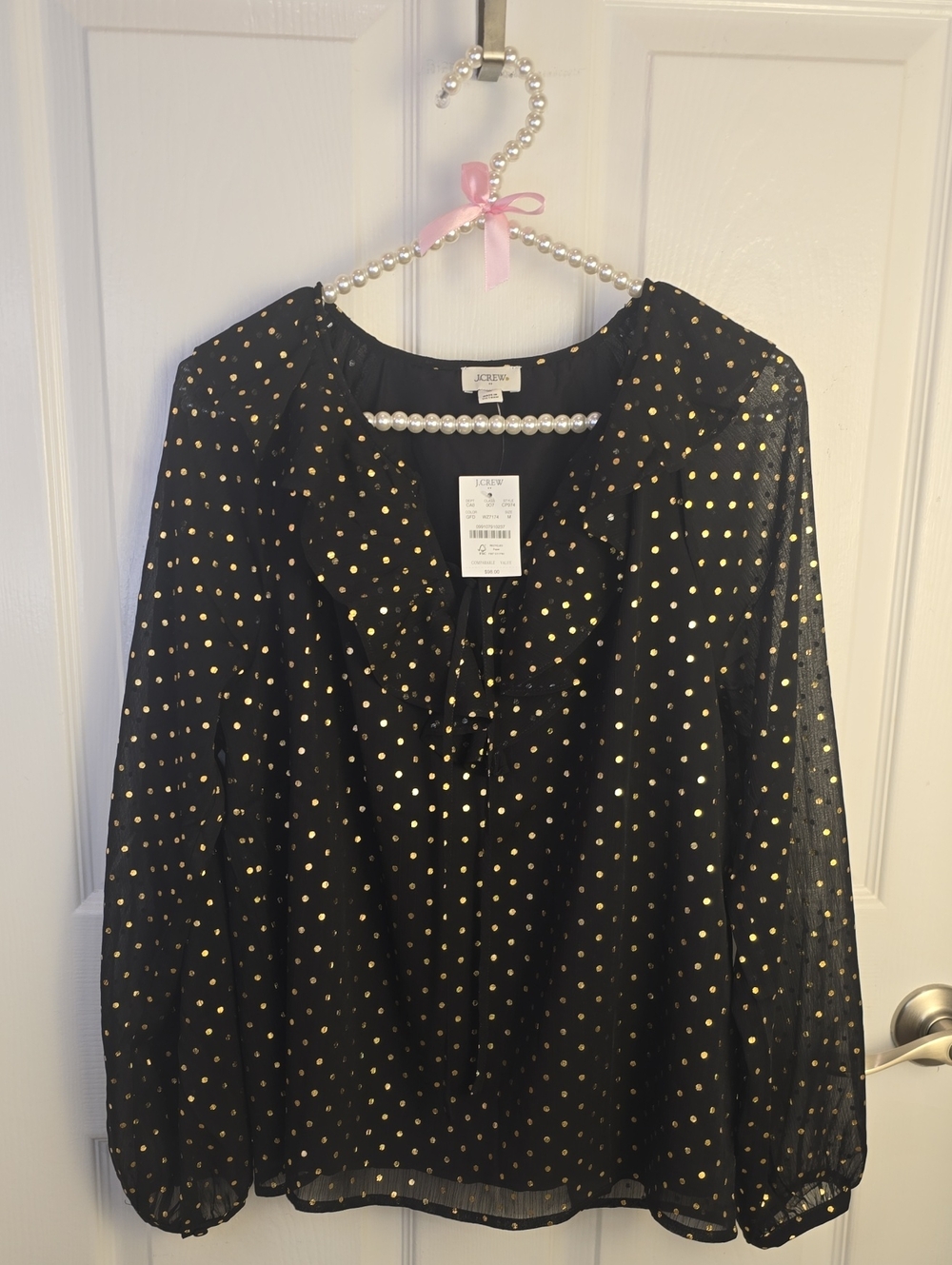 💖NWT💖 J. Crew Black Blouse with Gold Polka Dots and Ruffle Neck